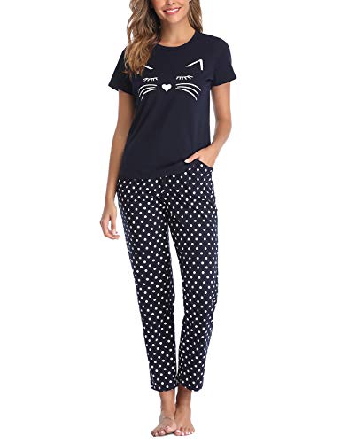 EISHOPEER Women's Pajama Set Cat Print Tops and Polka Dot Pants Nightgown Pjs Sets Navy Blue M