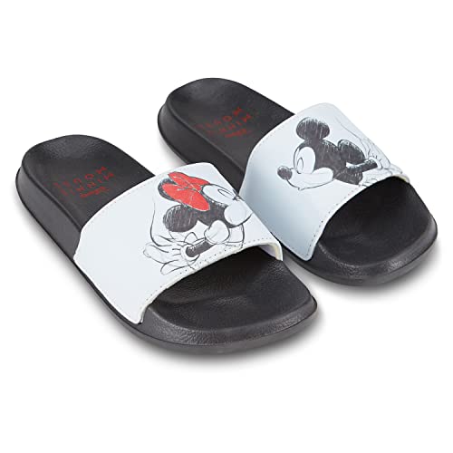 Disney Ladies Minnie and Mickey Slides - Ladies Classic Mickey and Minnie Mouse Slide Sandals Mickey & Minnie Mouse Slip On Slides (White, 8)