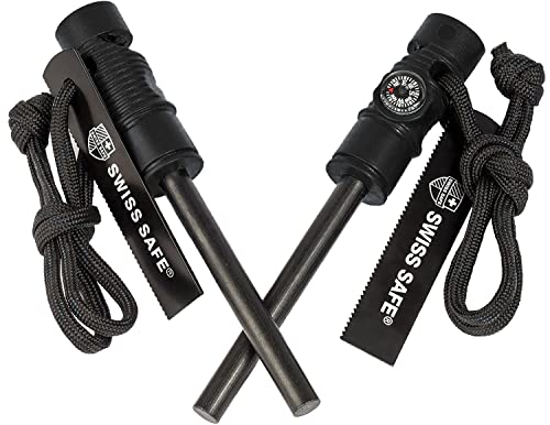 Swiss Safe 5-in-1 Magnesium Ferro Rod Fire Starter Survival Tool - Flint & Steel Striker, Compass, Paracord & Whistle - Emergency Kit for Backpacking, Camping, Hiking - All-Weather - Black, 2-Pack