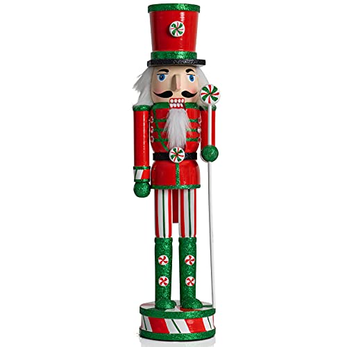 Ornativity Wooden Peppermint Christmas Nutcracker - Red, White and Green Glitter Candy Themed Xmas Holiday Nut Cracker Doll Figure Toy Soldier Decorations 15'