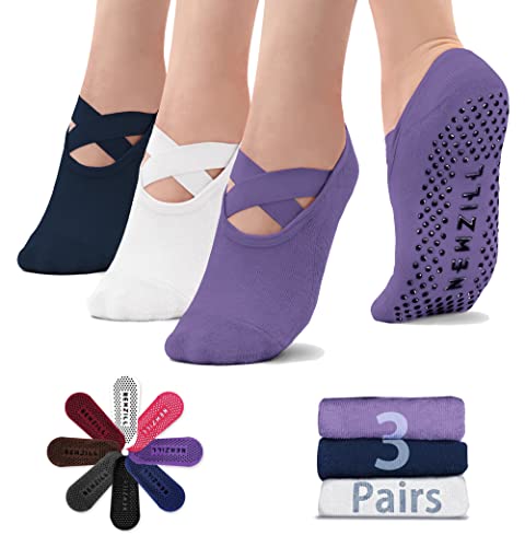 NEWZILL Yoga Socks for Women Non-Slip Grips & Straps, Ideal for Pilates, Pure Barre, Ballet, Dance, Barefoot Workout (3 Pairs-Purple/Blue/White)