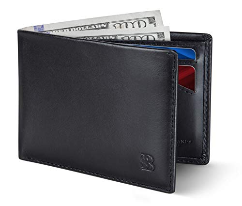 SERMAN BRANDS Mens Slim Bifold Wallet RFID Blocking Minimalist Front Pocket Full Grain Leather Wallets for Men - Thin & Stylish (Jet Black Elite)