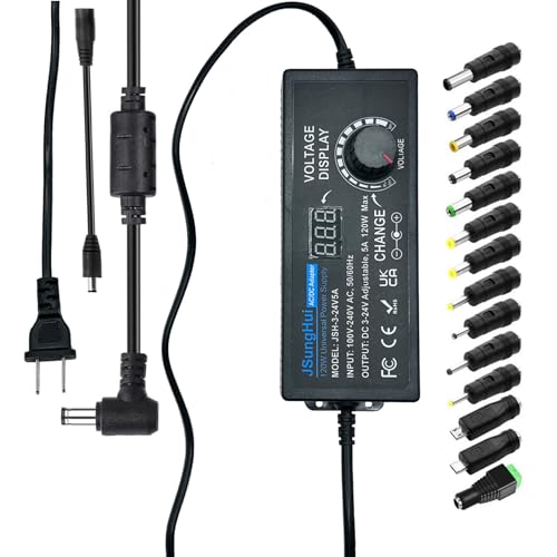 24V 5A 120W Universal Power Supply Adjustable DC 3V ~ 24V Variable Switching AC/DC Adapter 100V-240V AC to DC 24V 5A 120W Converter with 14 Tips & Polarity Converter - 5A Max