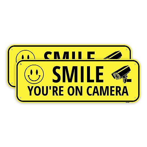 2PC Smile Your On Camera Sign, 10 x 3.5 Inches - Aluminum - Security Youre On Camera Warning Surveillance Metal Signs Small