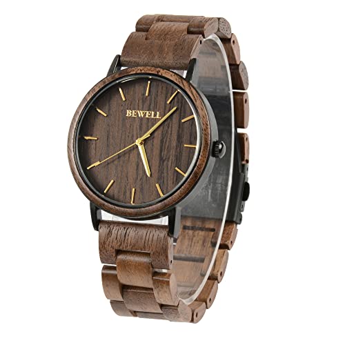 BEWELL Men's Handmade Wooden Wrist Watch Fashion Minimalist Slim Analog Quartz Watch for Men Boys(Walnut Wood)