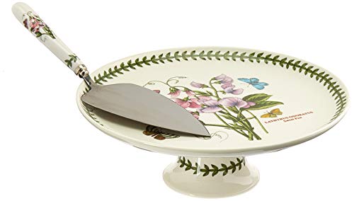 Portmeirion Botanic Garden Footed Cake Plate with Server | 10 Inch Cake Plate with Sweet Pea Motif | Made from Porcelain | Dishwasher and Microwave Safe