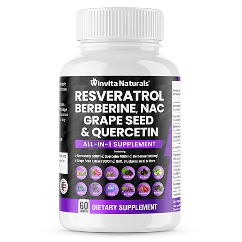 Resveratrol 6000mg Quercetin 4000mg Berberine 2000mg Grape Seed Extract 3000mg - Polyphenols Supplement for Men and Women with N-Acetyl Cysteine (NAC), Acai Berry Extract Vegan Capsules USA