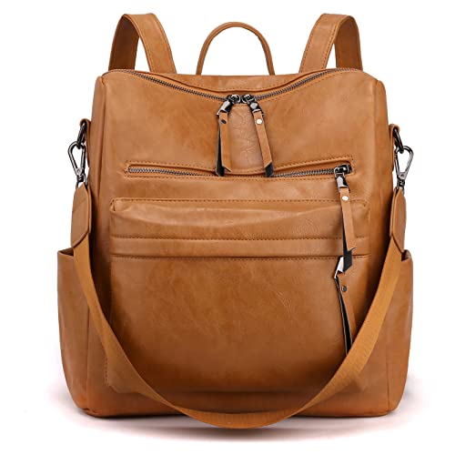 ZOCILOR Women's Fashion Backpack Purse Multipurpose Design Convertible Satchel Handbags and Shoulder Bag PU Leather Travel bag (Brown black-hardware)