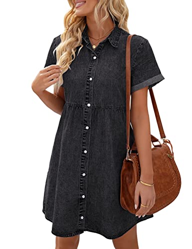 LookbookStore Women's Short Sleeve Babydoll Dress with Lapel Collar Button Down Dress Loose Fit Denim Dress for Women Casual Vintage Black Size M