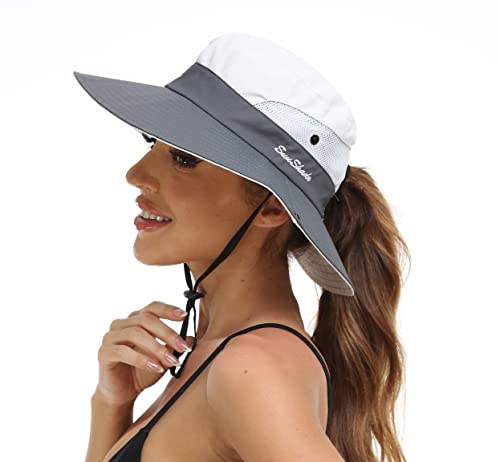 Womens Summer Sun Hat Beach Hat Wide Brim Outdoor UV Protection Hat Foldable Cool Mesh Ponytail Bucket Hat (Grey+Beige)