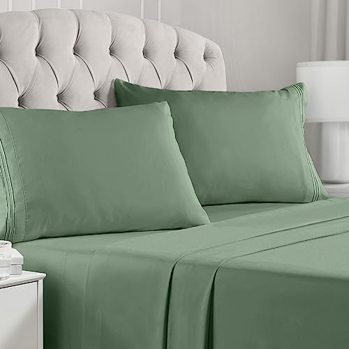 Mellanni Queen Sheet Set - 4 Piece Iconic Collection Bedding Sheets & Pillowcases - Hotel Luxury, Extra Soft, Cooling Bed Sheets - Deep Pocket up to 16' - Wrinkle, Fade, Stain Resistant (Queen, Sage)