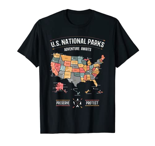 US National Parks Map Preserve Protect Hiking Camping Gift T-Shirt