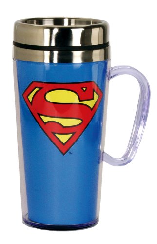 Spoontiques - Insulated Travel Mug - Superman Logo Coffee Cup - Coffee Lovers Gift - Funny Coffee Mug - 15 oz - Blue