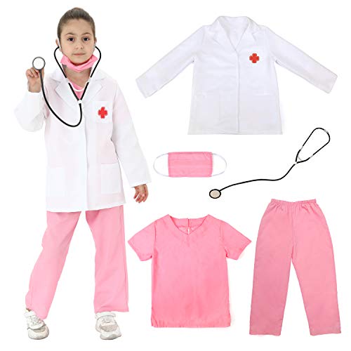 Rabtero Kids Doctor Role Play Costume White Jacket with Pink Scrubs(60% polyester+40% cotton) and Stethoscope Syringe 4T-6T