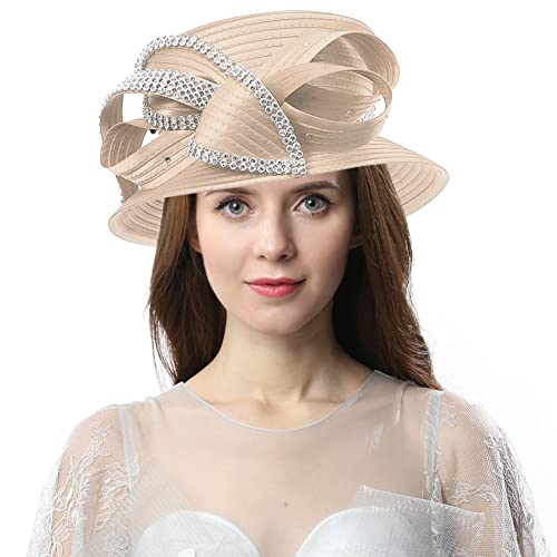 Women Gorgeous Rhinestone Tea Party Dress Bowler Cloche Bucket Derby Church Hat (Champagne)