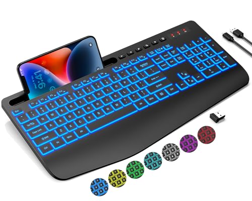 Trueque Wireless Keyboard with 7 Colored Backlits, Wrist Rest, Phone Holder, Rechargeable Ergonomic Keyboard with Silent Light Up Keys, Cordless Computer Keyboard for Windows, Mac, PC, Laptop (Black)