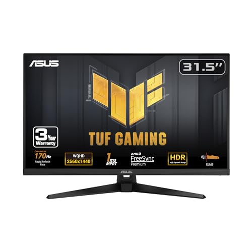 ASUS TUF Gaming 31.5” 1440P HDR Monitor (VG32AQA1A) - QHD (2560 x 1440), 170Hz, 1ms, Extreme Low Motion Blur, FreeSync Premium, DisplayPort, HDMI, HDR-10, Shadow Boost, VESA Wall Mountable,BLACK