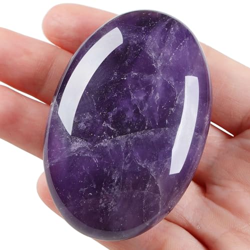 LAIDANLA Amethyst 2.4' Large Palm Stone Healing Crystals Natural Gemstones Calming Effects Energy Balancing Reiki Polished Worry Stone Cleansing Protection Anxiety Stress Relief Therapy 1PC