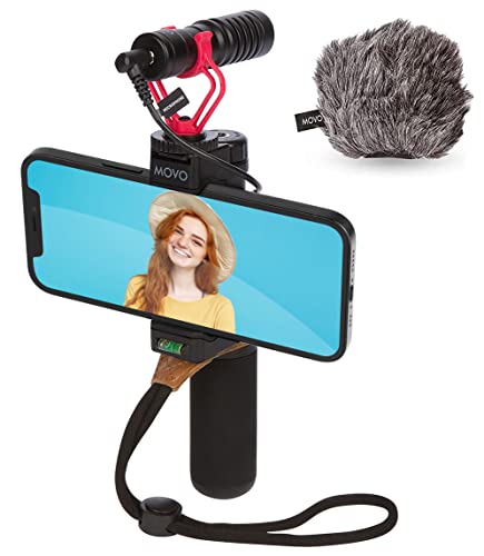 Movo Smartphone Vlogging Kit for iPhone with Shotgun Microphone, Grip Handle, Wrist Strap for iPhone and Android Smartphones for TIK Tok, Vlog, YouTube Starter Kit and Content Creator Kit
