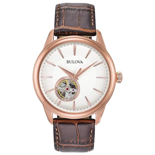 Bulova Men's Classic 3 Hand Automatic Rose Gold Stainless Steel Watch with Brown Leather Strap, Silver White Dial (Model:97A133)