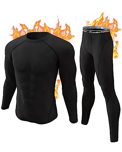 CL convallaria Long Johns for Men, Thermal Underwear Set Winter Hunting Gear Sport Base Layer Top and Bottom Midweight Black XL