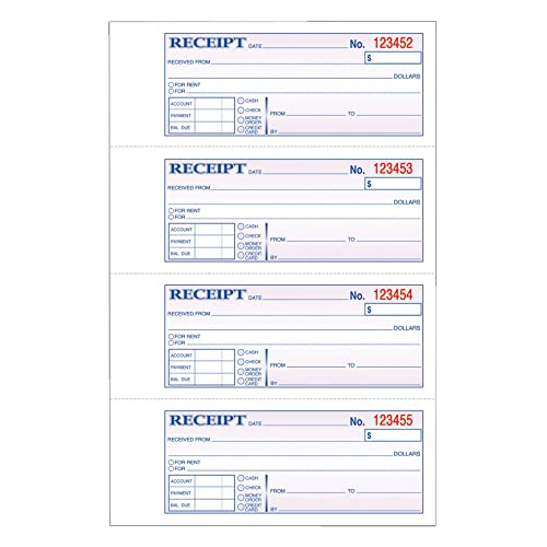 Adams Money and Rent Receipt Book, 3-Part, Carbonless, White/Canary/Pink, 7-5/8' x 10-7/8', Bound Wraparound Cover, 100 Sets per Book, 4 Receipts per Page (TC1182)