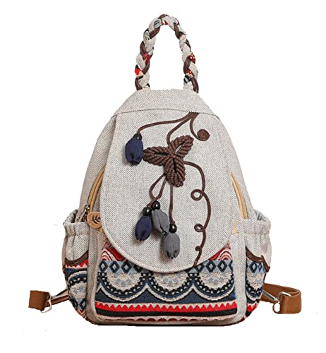 YIMOYICAI women casual boho woven medium canvas prime travel laptop backpack hippie embroidered vintage backpack Wind chime