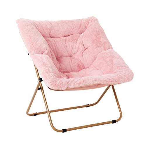 Tiita Comfy Saucer Chair, Soft Faux Fur Oversized Folding Accent Chair, Lounge Lazy Chair for Kids Teens Adults, Metal Frame Moon Chair for Bedroom, Living Room, Dorm Rooms, X-Large Pink