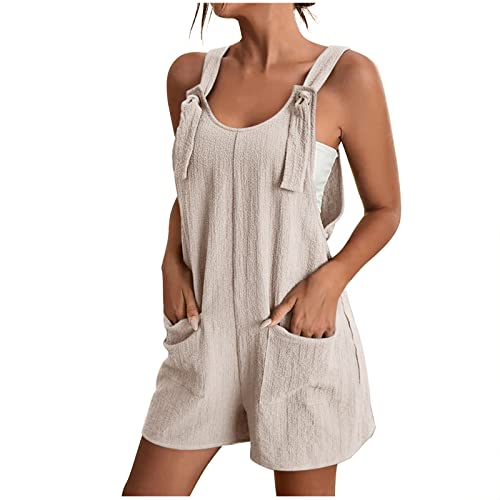 daily deals Women Plus Size Summer Casual Rompers Sleeveless Suspender Short Jumpsuits Bib Overalls Romper with Pockets workout romper Beige XL