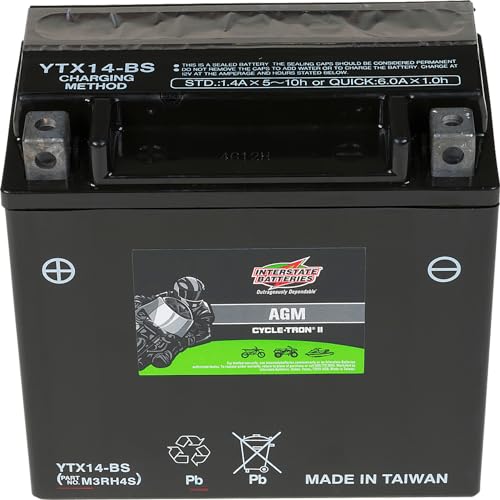 Interstate Batteries YTX14-BS 12V 12Ah Powersports Battery 200CCA AGM Rechargeable Replacement for Motorcycles, ATVs, UTVs, Scooters, Snowmobiles (CYTX14-BS)