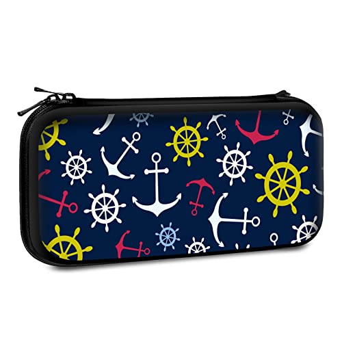 Carrying Case Compatible with Switch 2017 / Switch OLED 2021 Console Joy-Con with 10 Game Card Slots , Nautical pattern with steering wheels and anchors