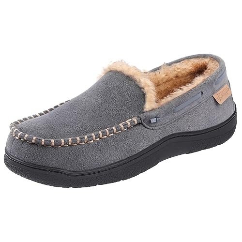 Zigzagger Men's Moccasin Slippers Memory Foam House Shoes, Indoor and Outdoor Warm Loafer Slippers, Grey, 11 M US