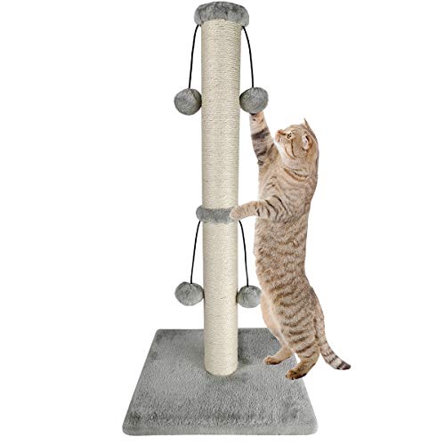 Dimaka 29'' Cat Scratching Post, Natural Sisal Rope Scratcher Post, Kitten Claw Scratch with 4 DanglingToy Balls for Large Cats (Grey)