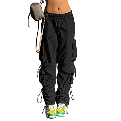 QYANGG Baggy Parachute Pants for Women& Girls Drawstring Elastic Low Waist Ruched Cargo Pants Multiple Pockets Jogger Y2K Black