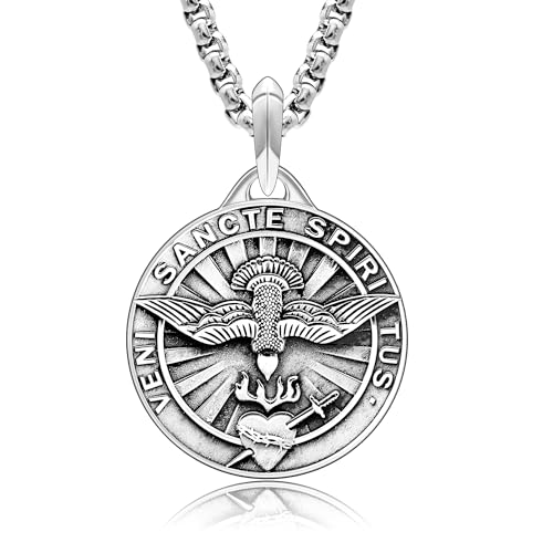 VENICEBEE Holy Spirit Dove Veni Sancte Spiritus Sacramental Christian Amulet Sacred Heart Jesus Love Solid 925 Sterling Silver Pendant Necklace + Velvet Pouch, Polishing Cloth, Fine Gift Box