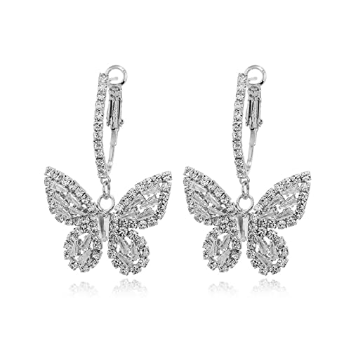 WASAIE Butterfly Hoop Dangling Earrings For Women,Crystal Rhinestone CZ Drop Earrings For Girls,White Gold Plated Cubic Zirconia Earrings for Prom Wedding Brides