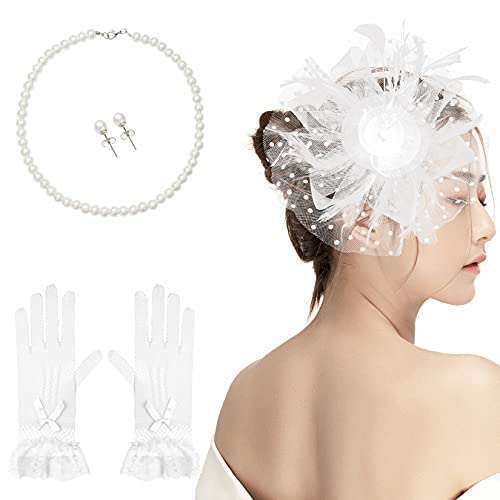 Fascinators Hat for Women Tea Party Fascinator Hat Headband Set Wedding Flower Mesh Hair Clip with Veil Tea Party Headwear Lace Gloves Pearl Necklace and Earrings for Halloween Party White