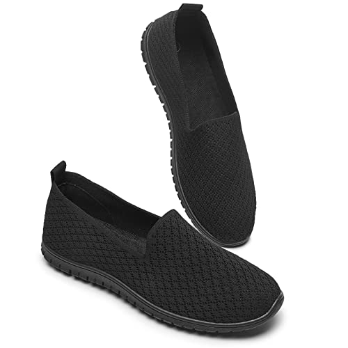 BABUDOG Women's Mesh Flats Shoes Breathable Slip on Shoes Casual Black and White Flats Comfortable Walking Shoes(Black,US9)