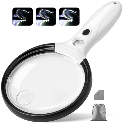 Large Magnifying Glass with Light, 10X 25X 45X Handheld Illuminated Magnifier with 3 Light Modes, 12 LED Lights, Storage Bag, Clean Cloth for Seniors Reading Coins Inspection (Black, Round)