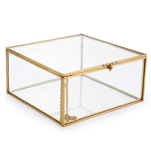 Hipiwe Vintage Glass Jewelry Organizer Box, Golden Metal Keepsake Box Desktop Jewelry Organizer Holder, Wedding Birthday Gift, Square Vanity Decorative Box for Dresser,Bathroom (Gold, Large)