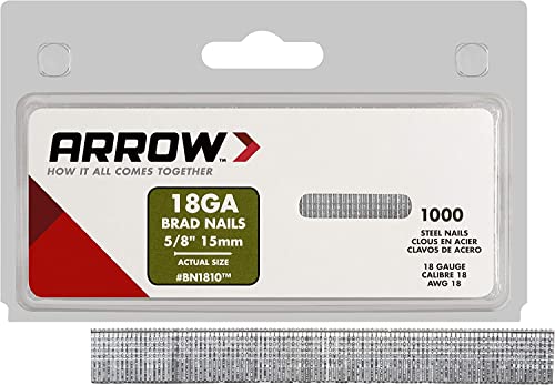 Arrow BN1810CS 18-Gauge Steel Brad Nails for Molding, Cabinets, Framing, Trim, and Finishing, Safe to Use with Electric or Battery Powered Nailers, Steel, 5/8 Inch, 1000 Pack