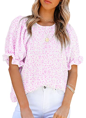 Dokotoo Womens Tops Summer Blouses and Tops Casual Floral Print Crewneck Flowy Smocked Puff Short Sleeve Shirt Stylish Loose Babydoll Blouse Elegant Solid Shirts Top for Teen Girls Juniors Medium Pink