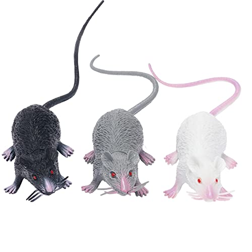 EORTA 3 Pcs Fake Mice Lifelike Halloween Rats Decorations Plastic Vivid Mouse Cat Toies Prop Ornament for Christmas, Party, Festival, Pranks, Black, Gray, White
