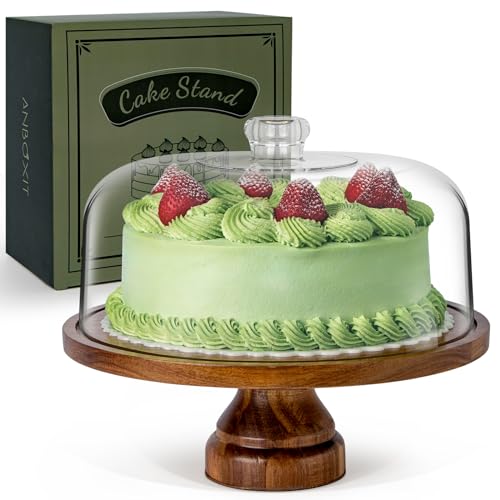 ANBOXIT Cake Stand with Dome Lid, Acacia Wood Cake Plate with Cover, Wooden Cake Display Stand with Acrylic Dome - Footed