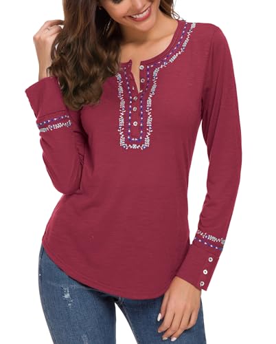 Urban CoCo Women's Long Sleeve Boho Shirt Embroidered Top (XL, Wine Red)