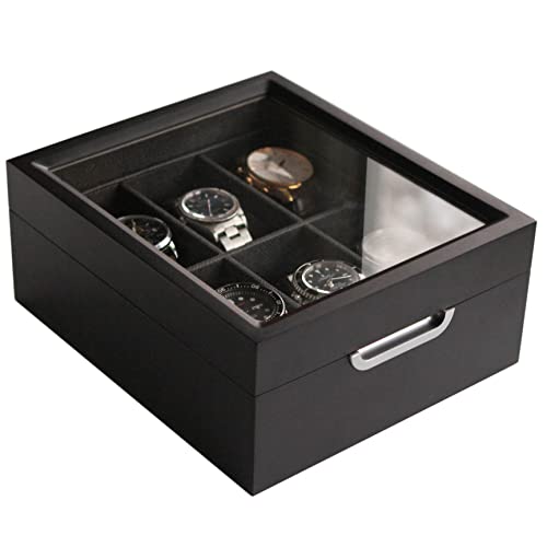 CASE ELEGANCE Watch Box Modern 2x3 Black Finish with Custom Aluminum Handle 6-Slot with Real Glass