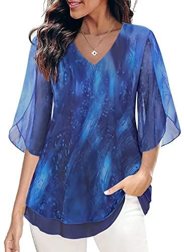 SeSe Code Women 3/4 Sleeve Tops 2023 Trendy Swing Dressy Tops for Evening Wear Flowy Shirts Casual Chiffon Blouses Date Night Wear V Neck Tunic Navy Blue L