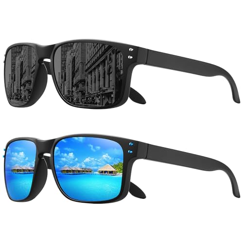 MEETSUN Polarized Sunglasses for Men Women Sports Driving Fishing Glasses UV400 Protection Black+Blue Mirror 2Pack