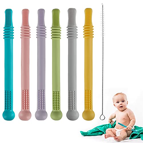 Fu Store Hollow Teether Tube, 6 Pack Chew Straw Toy for Infant Toddlers Silicone Tubes Teething Toys for Babies 3-12 Months BPA Free/Freezable/Dishwasher and Refrigerator Safe