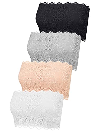 4 Pieces Women's Lace Bandeau Bra Strapless Bra Bralette Seamless Bandeau Crop Tube Top Bra (Black, White, Skin Color, Grey, Large)